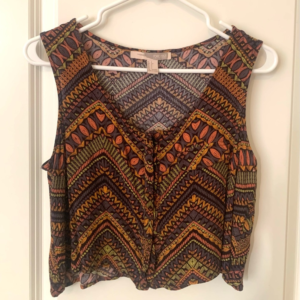 Forever 21 Colorful Cropped Vest Sz M with Hidden Buttons and Faux Flap Pocket.